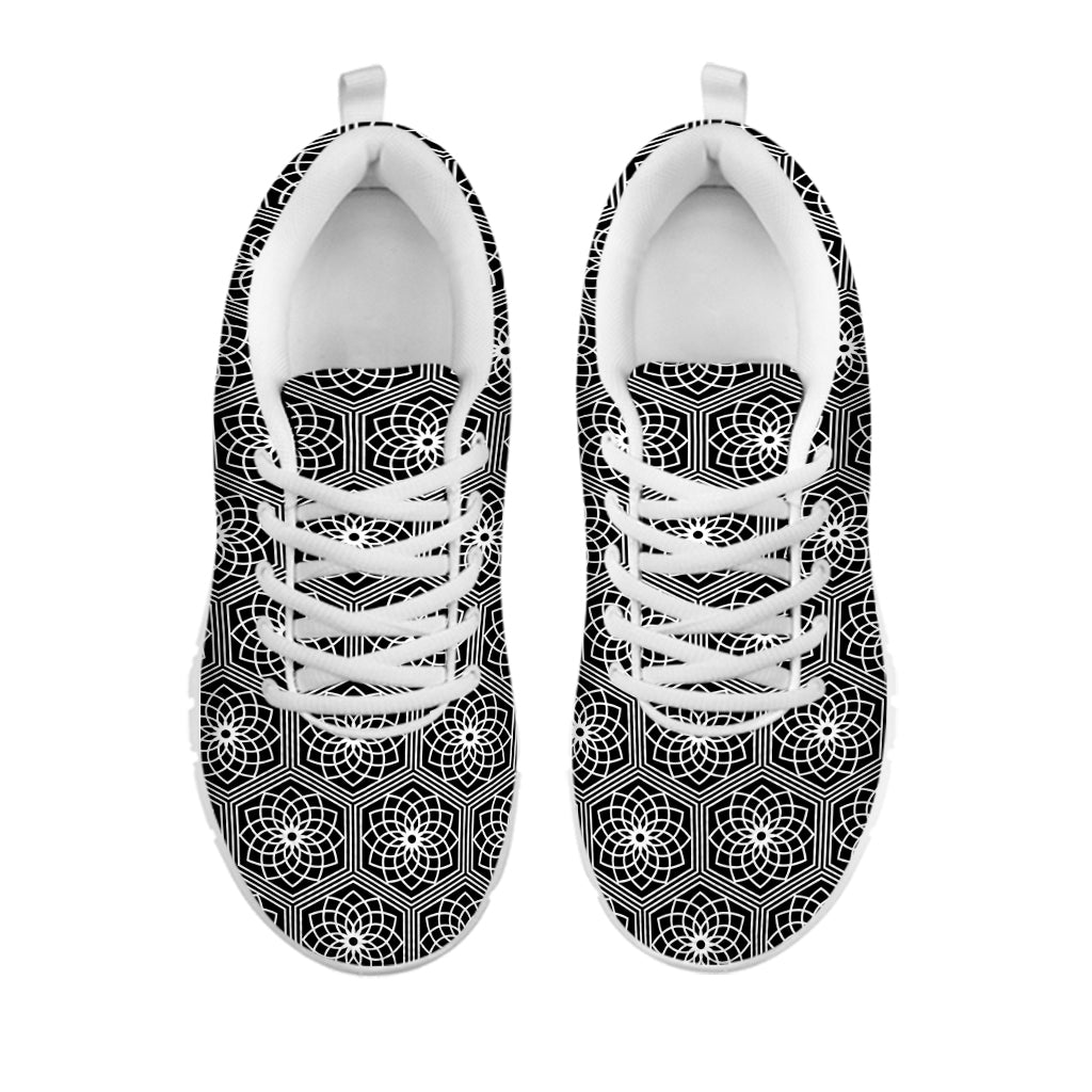 White And Black Lotus Pattern Print White Sneakers