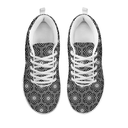 White And Black Lotus Pattern Print White Sneakers