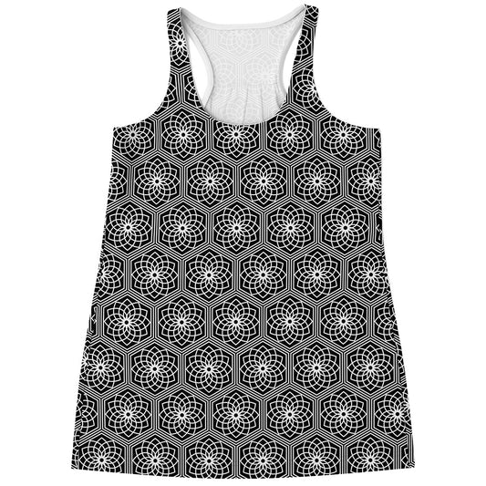 White And Black Lotus Pattern Print Women's Racerback Tank Top