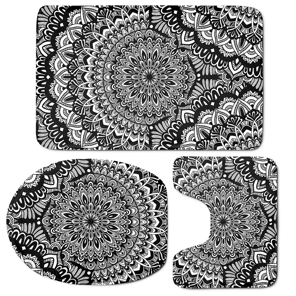 White And Black Mandala Print 3 Piece Bath Mat Set