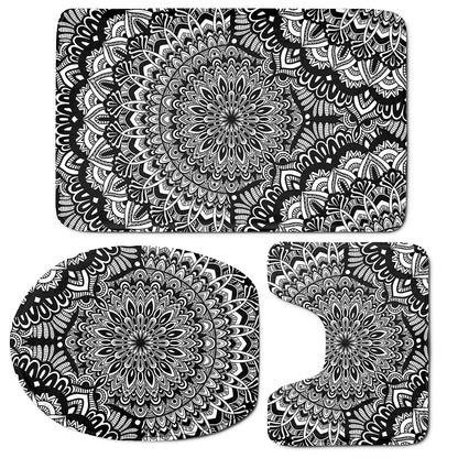 White And Black Mandala Print 3 Piece Bath Mat Set