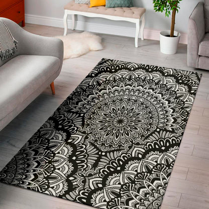 White And Black Mandala Print Area Rug