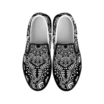 White And Black Mandala Print Black Slip On Shoes
