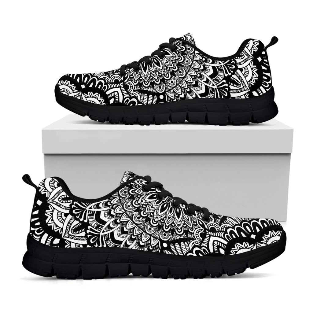 White And Black Mandala Print Black Sneakers