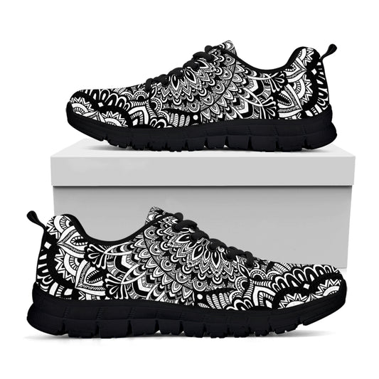 White And Black Mandala Print Black Sneakers