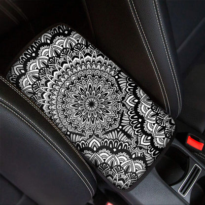 White And Black Mandala Print Car Center Console Cover
