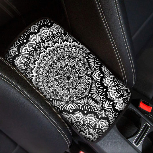 White And Black Mandala Print Car Center Console Cover