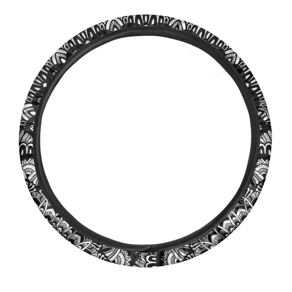 White And Black Mandala Print Car Steering Wheel Cover