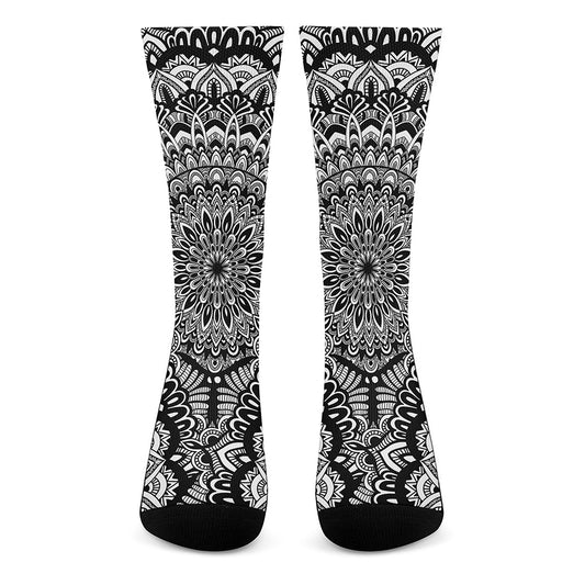 White And Black Mandala Print Crew Socks