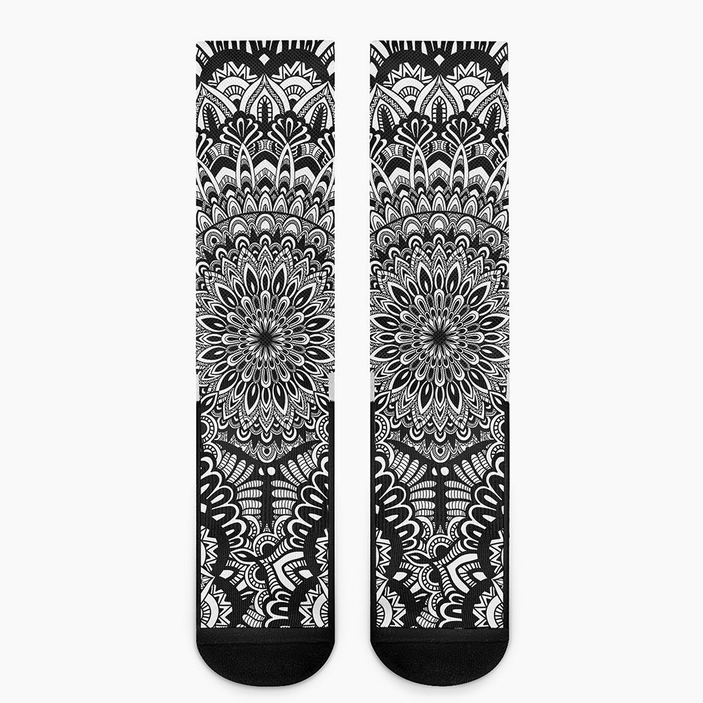 White And Black Mandala Print Crew Socks