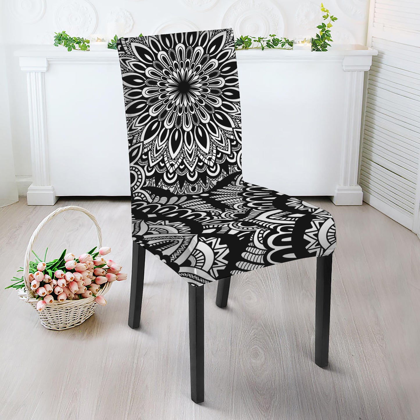 White And Black Mandala Print Dining Chair Slipcover