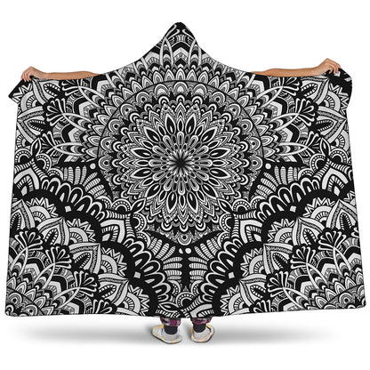 White And Black Mandala Print Hooded Blanket