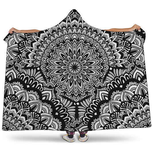 White And Black Mandala Print Hooded Blanket