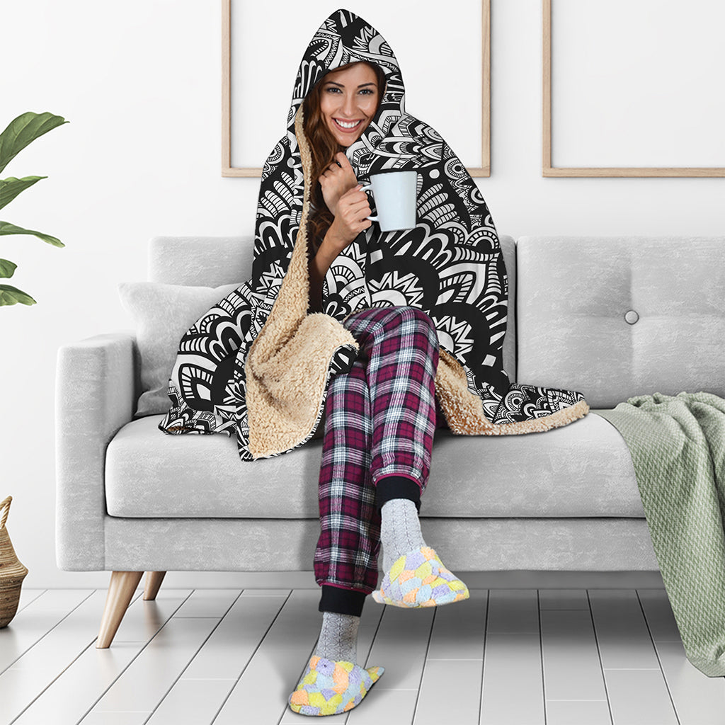 White And Black Mandala Print Hooded Blanket