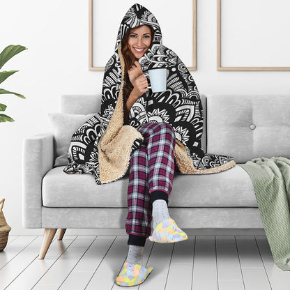 White And Black Mandala Print Hooded Blanket