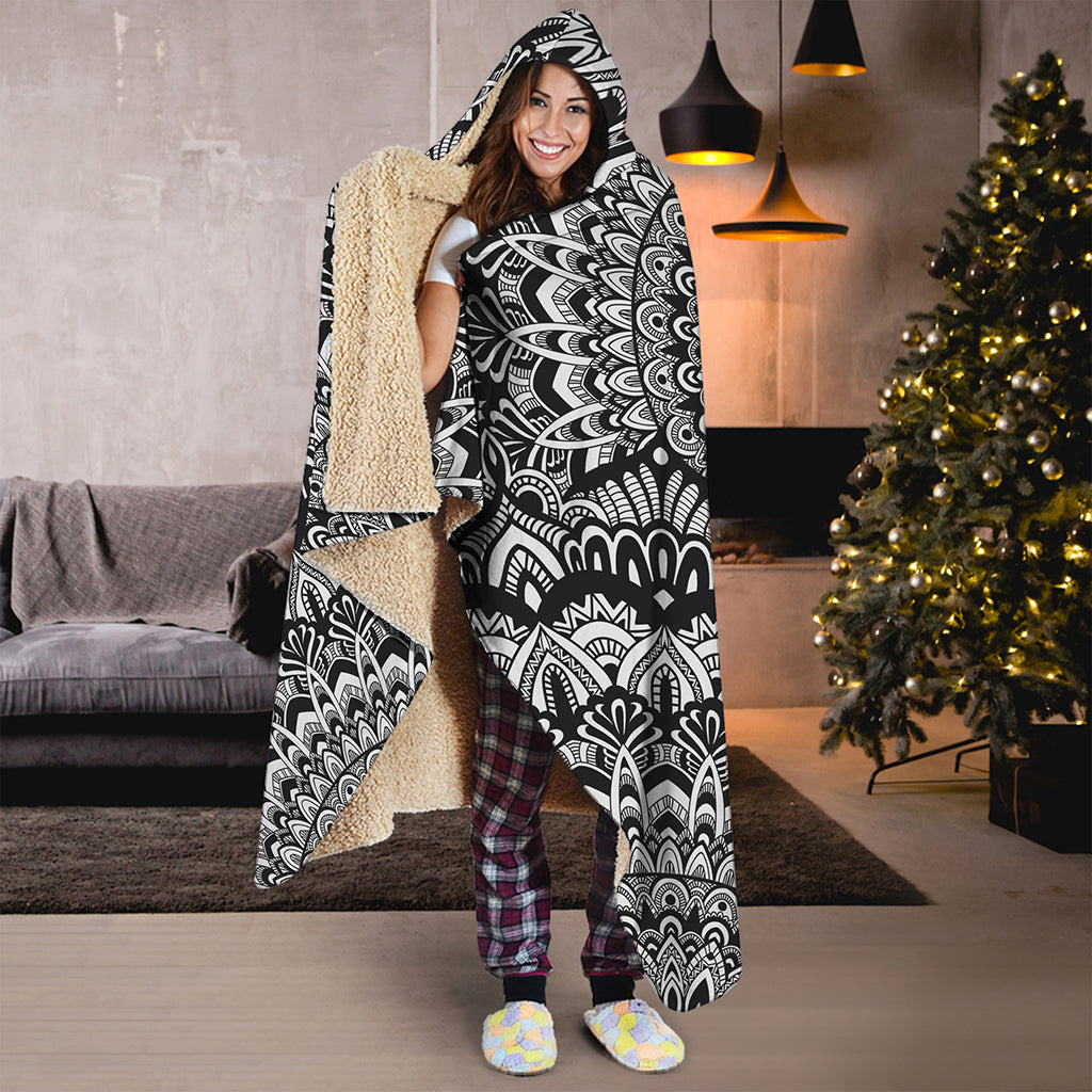 White And Black Mandala Print Hooded Blanket