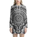 White And Black Mandala Print Pullover Hoodie Dress