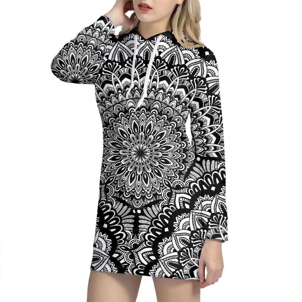 White And Black Mandala Print Hoodie Dress
