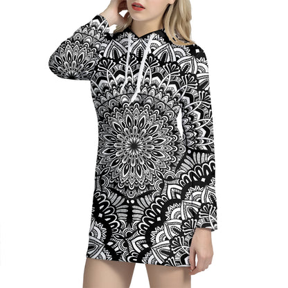 White And Black Mandala Print Hoodie Dress