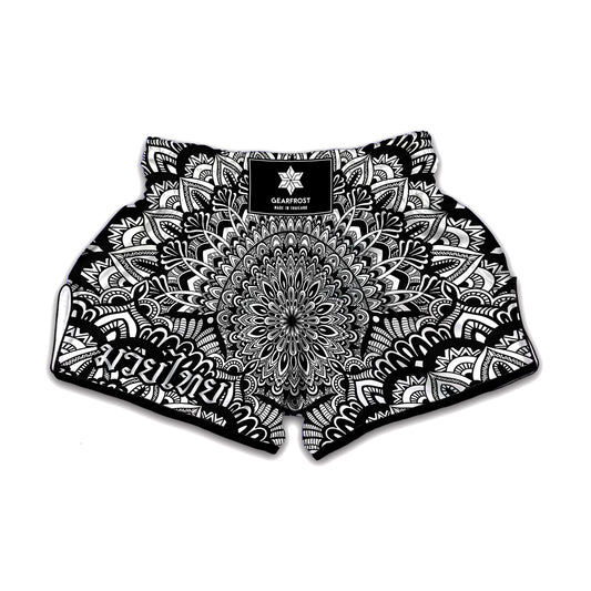 White And Black Mandala Print Muay Thai Boxing Shorts
