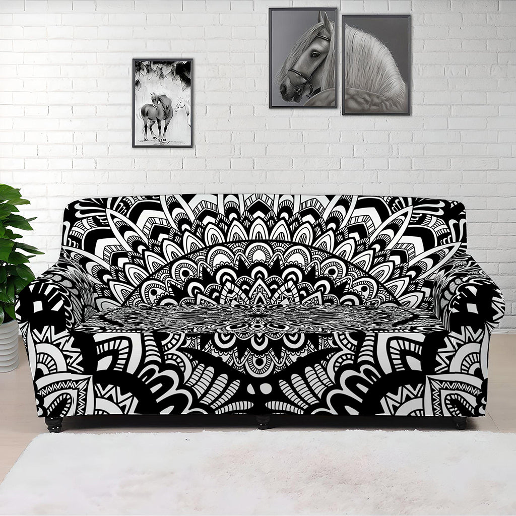 White And Black Mandala Print Sofa Cover