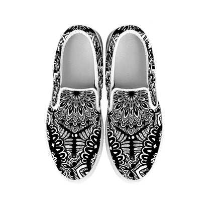 White And Black Mandala Print White Slip On Shoes