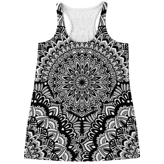 White And Black Mandala Print Women's Racerback Tank Top