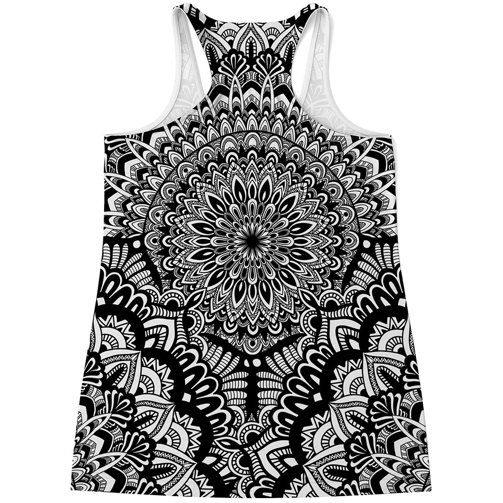 White And Black Mandala Print Women's Racerback Tank Top