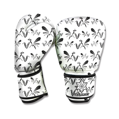 White And Black Mantis Pattern Print Boxing Gloves
