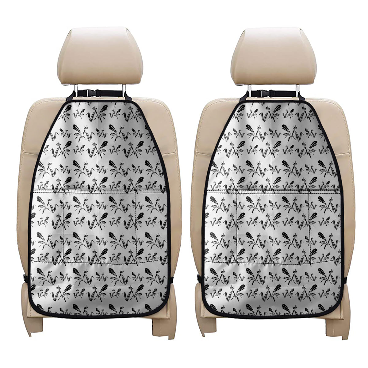 White And Black Mantis Pattern Print Car Seat Organizers