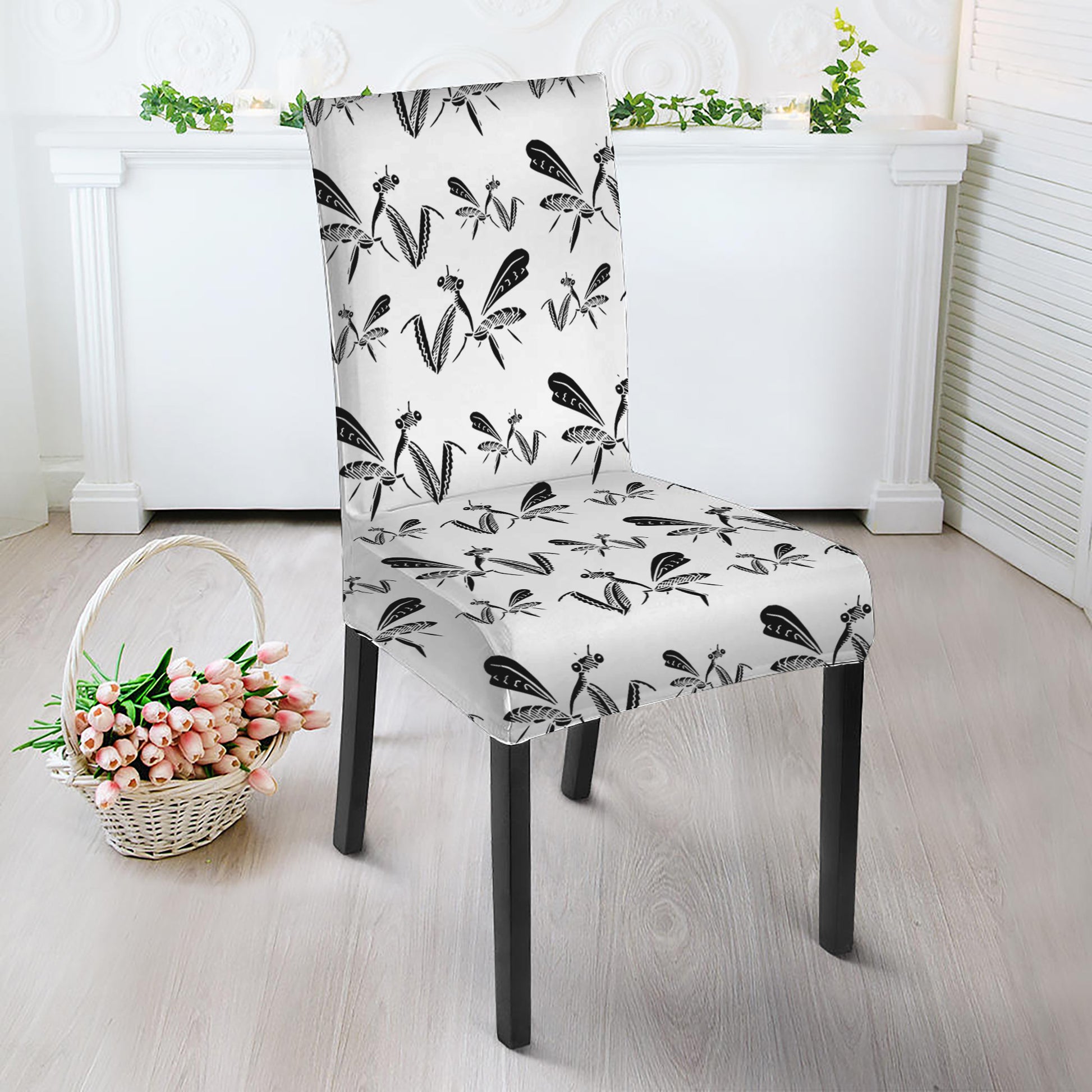White And Black Mantis Pattern Print Dining Chair Slipcover