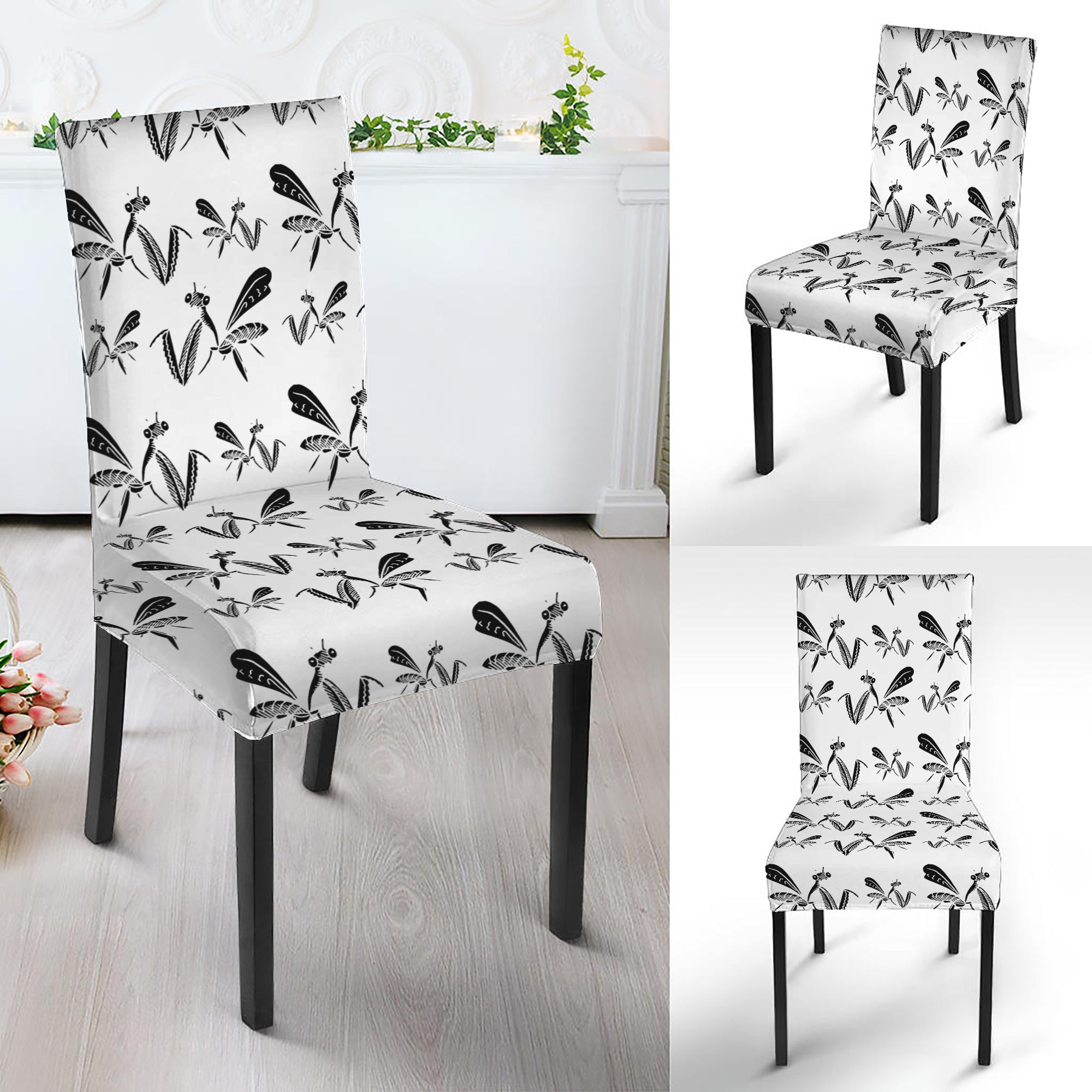 White And Black Mantis Pattern Print Dining Chair Slipcover