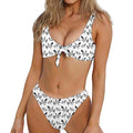 White And Black Mantis Pattern Print Front Bow Tie Bikini