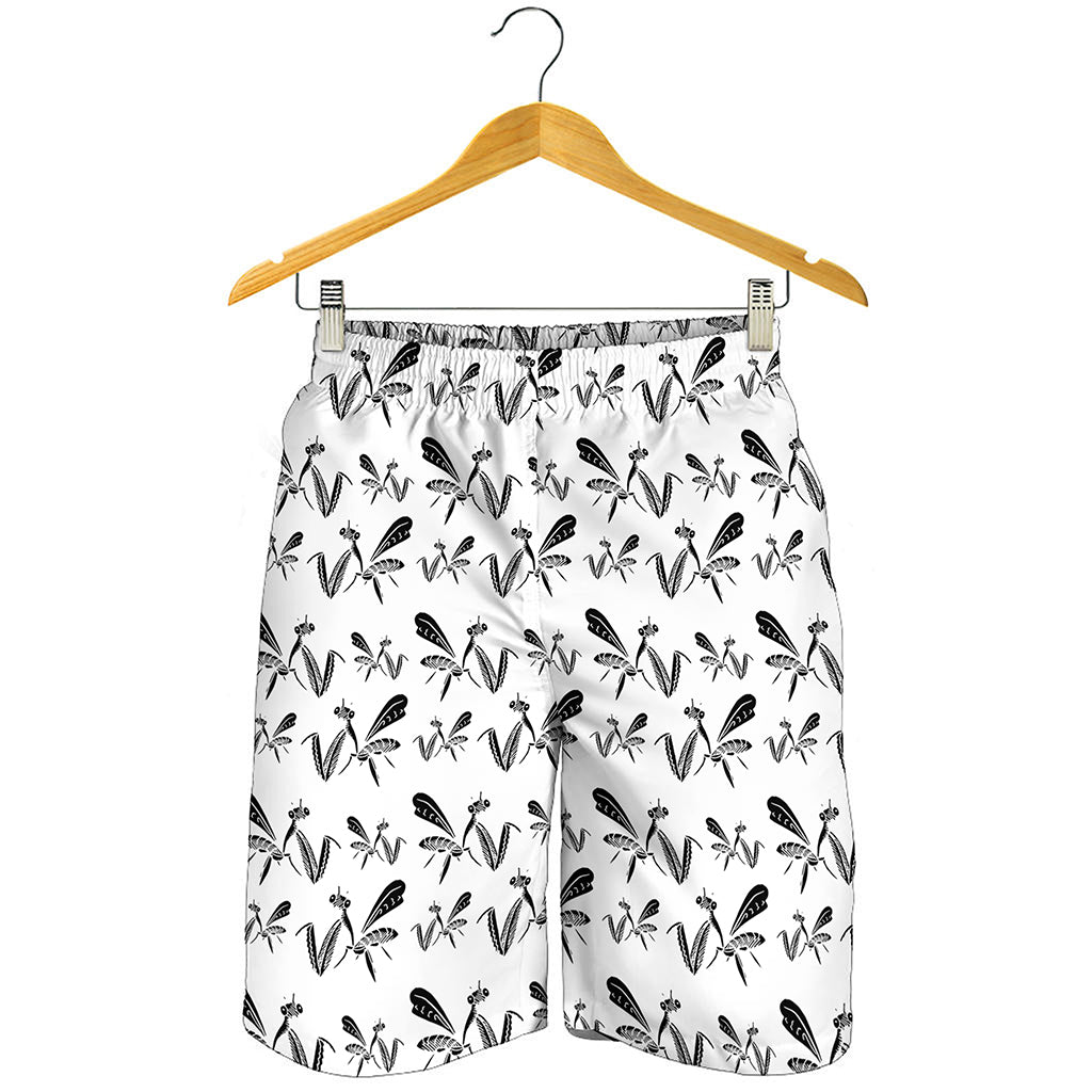 White And Black Mantis Pattern Print Men's Shorts