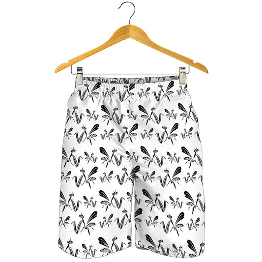 White And Black Mantis Pattern Print Men's Shorts
