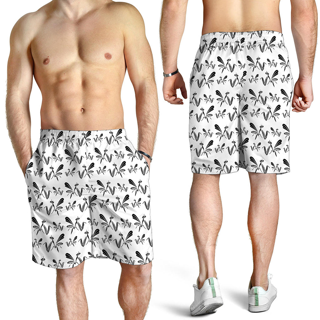 White And Black Mantis Pattern Print Men's Shorts