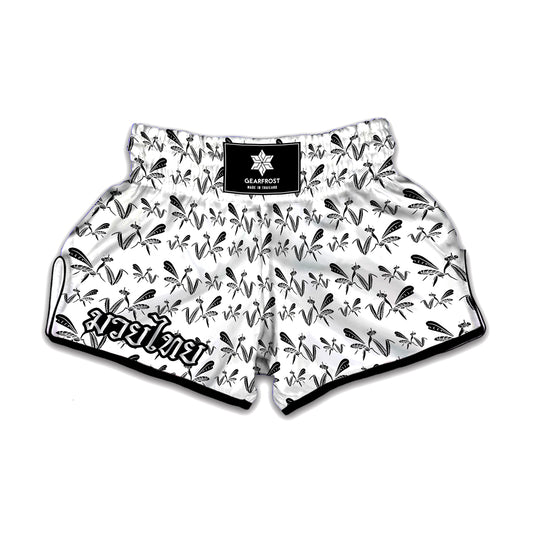 White And Black Mantis Pattern Print Muay Thai Boxing Shorts