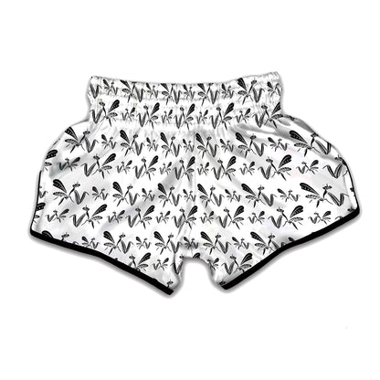 White And Black Mantis Pattern Print Muay Thai Boxing Shorts
