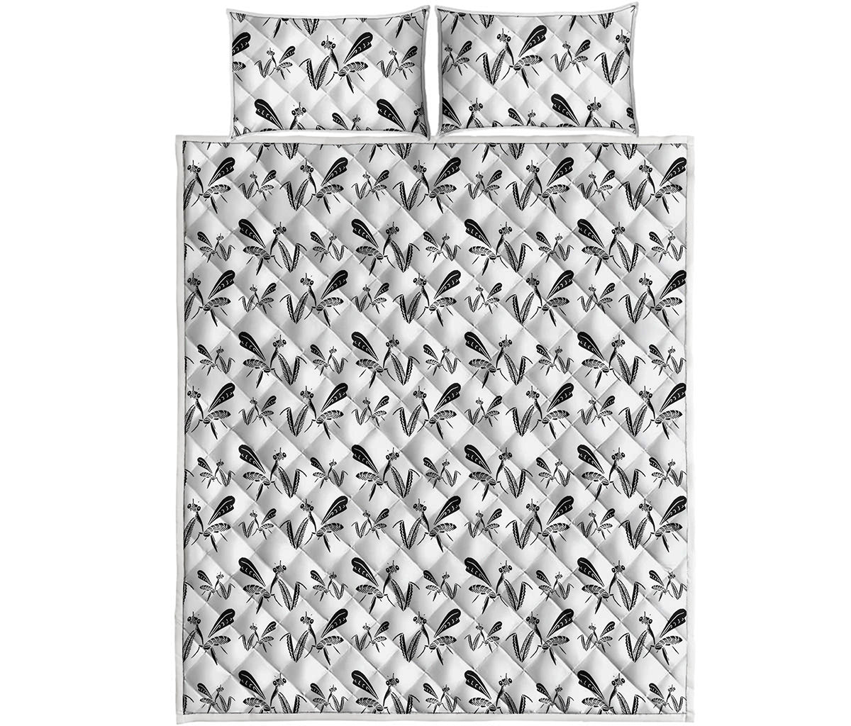 White And Black Mantis Pattern Print Quilt Bed Set