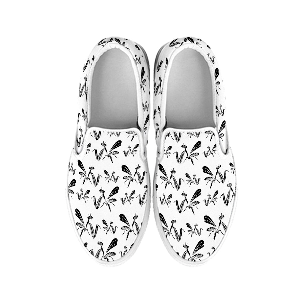 White And Black Mantis Pattern Print White Slip On Shoes