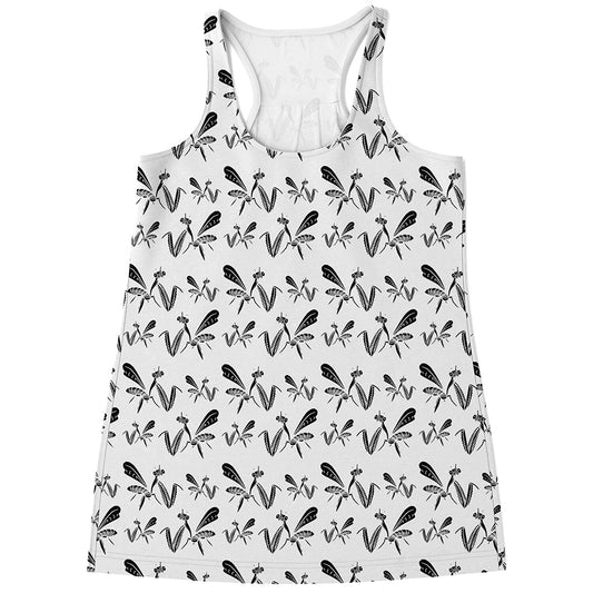 White And Black Mantis Pattern Print Women's Racerback Tank Top