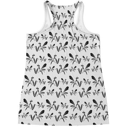 White And Black Mantis Pattern Print Women's Racerback Tank Top