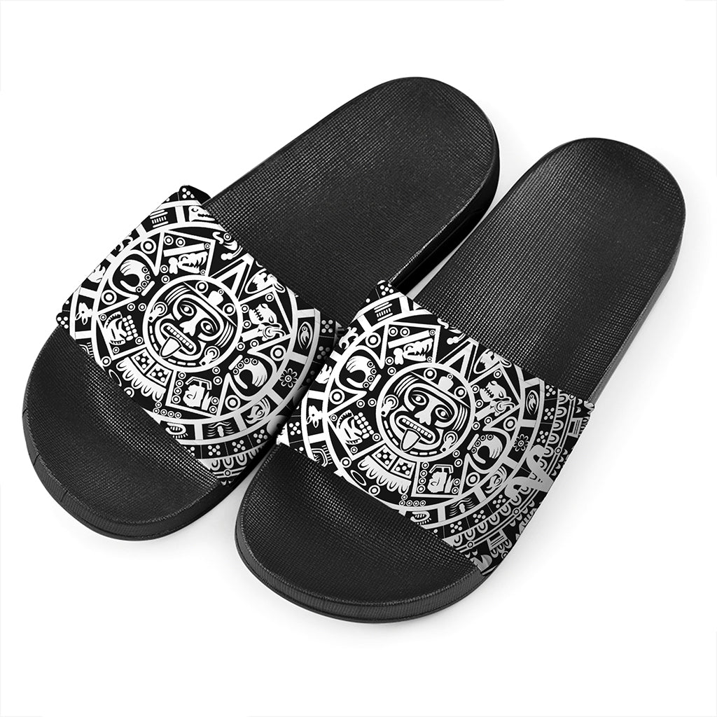 White And Black Maya Calendar Print Black Slide Sandals