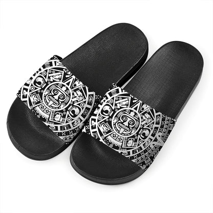 White And Black Maya Calendar Print Black Slide Sandals