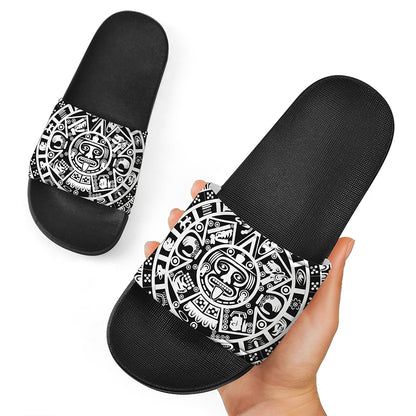 White And Black Maya Calendar Print Black Slide Sandals
