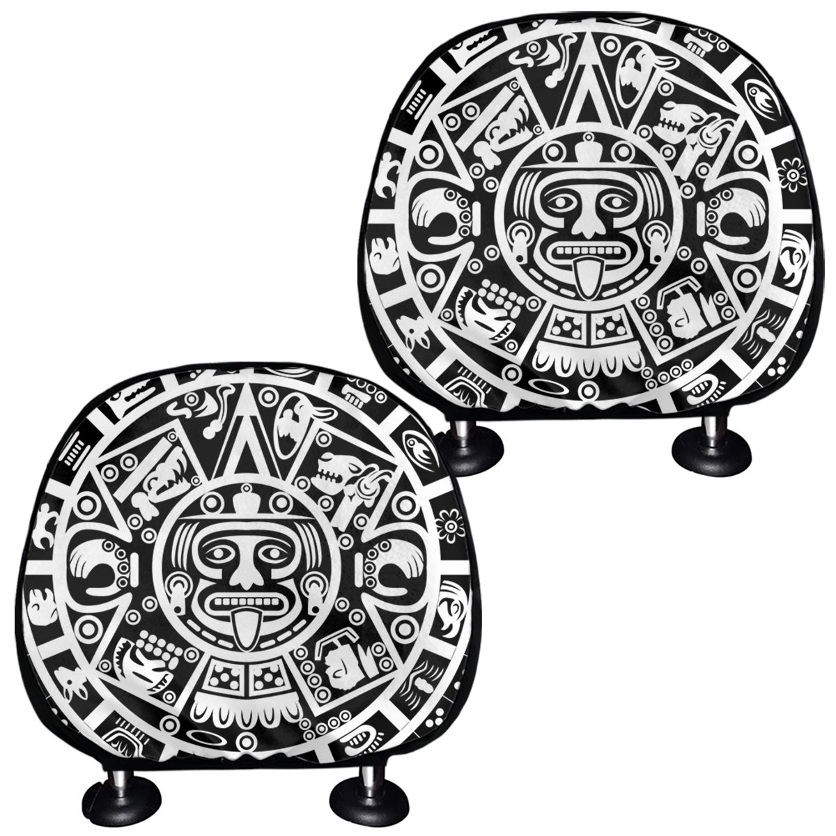 White And Black Maya Calendar Print Car Headrest Covers