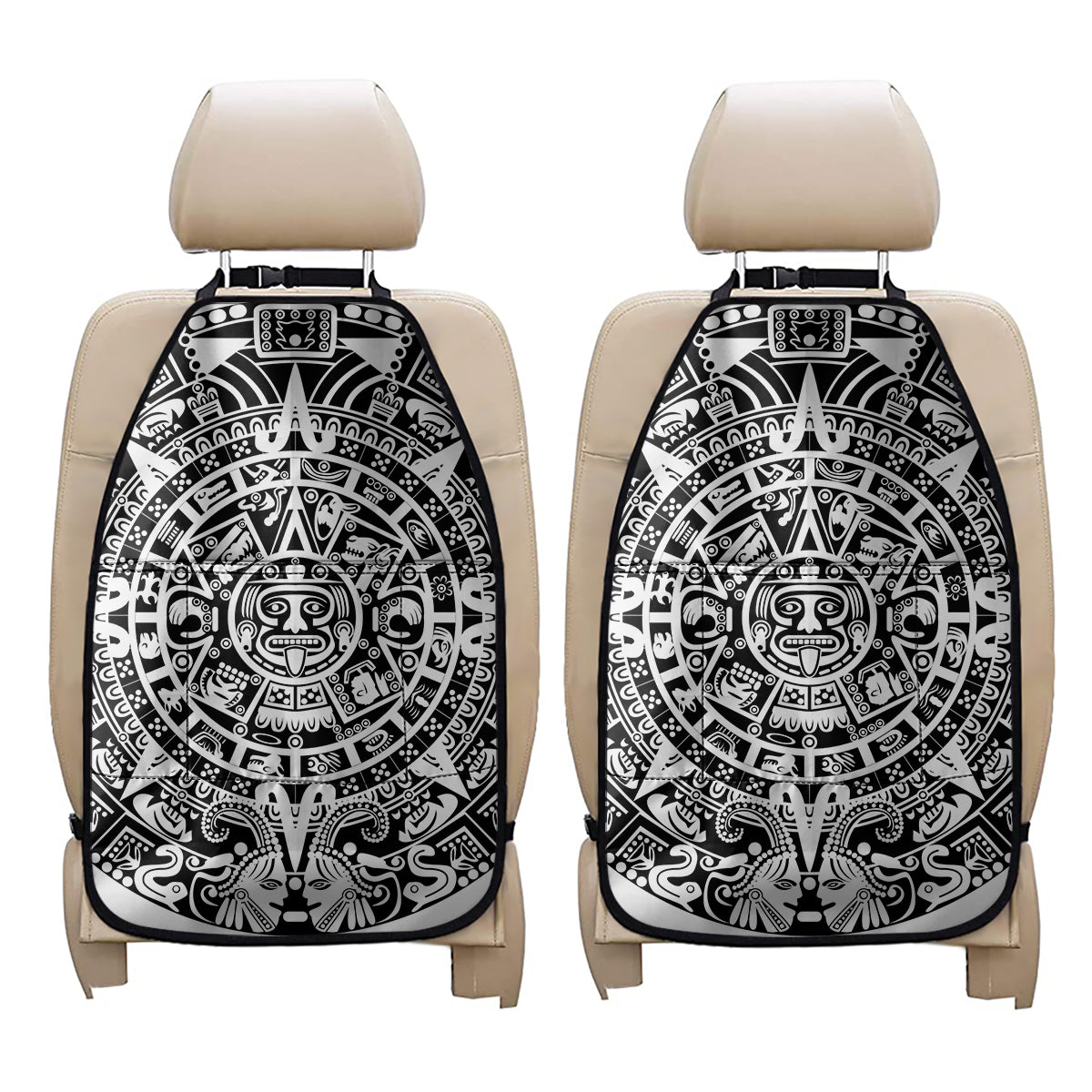 White And Black Maya Calendar Print Car Seat Organizers