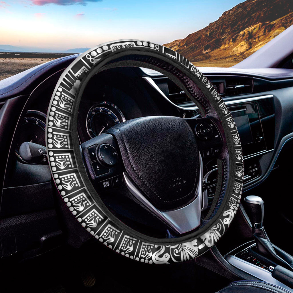 White And Black Maya Calendar Print Car Steering Wheel Cover