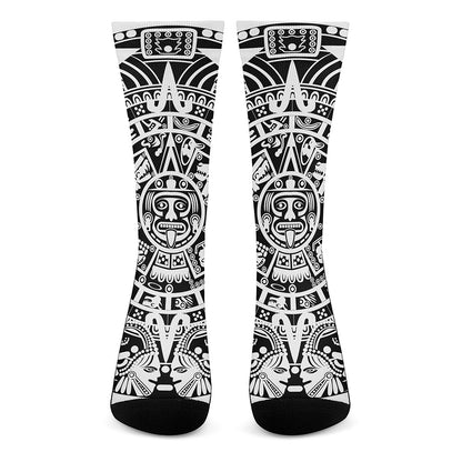White And Black Maya Calendar Print Crew Socks