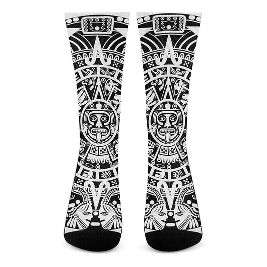 White And Black Maya Calendar Print Crew Socks